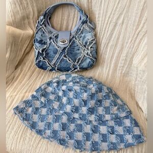 Y2K Accessories Bundle - Blue Denim Patchwork Mini Handbag & Bucket Hat